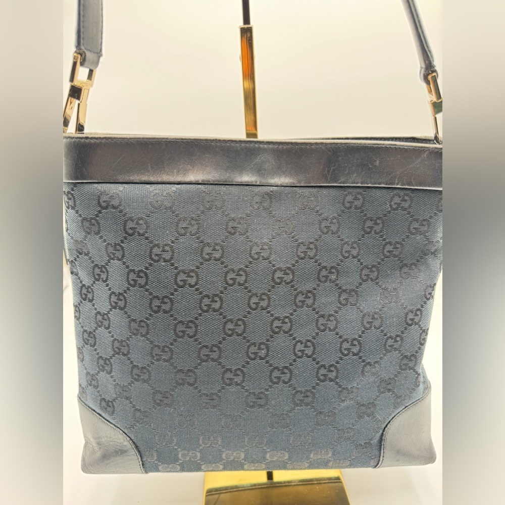 Gucci-Authentic-GG Canvas Shoulder Bag Black Leather - Picture 3 of 15